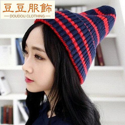 韓國流行時尚 雙色彩色條紋 尖尖 毛線帽 針織帽 K7-豆豆服飾