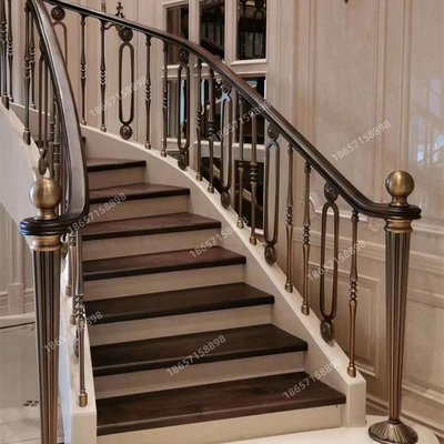 別墅輕奢樓梯扶手銅藝鋁藝立桿電鍍銅拉絲工藝新中式實木樓梯欄桿~特價