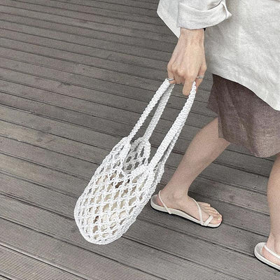 韓國ins白色鏤空網兜包手工編織包新款時尚日式手提沙灘漁網包包
