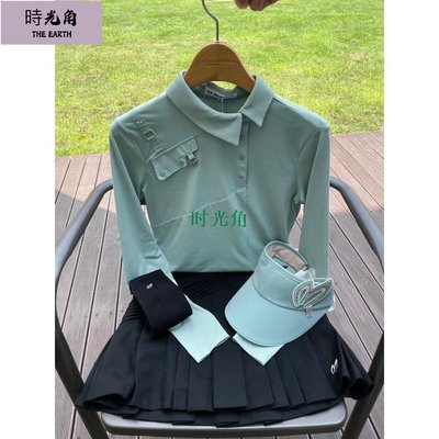 韓國高爾夫球服裝女士春秋季薄款長袖T恤緊身顯瘦彈力翻領Polo衫【時光角】
