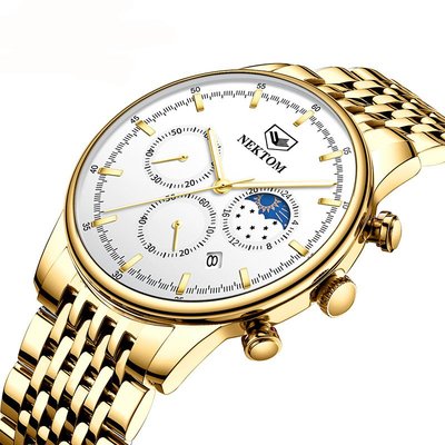 男士手錶 商務手錶 男士手錶多功能防水日月星辰鋼帶石英手錶