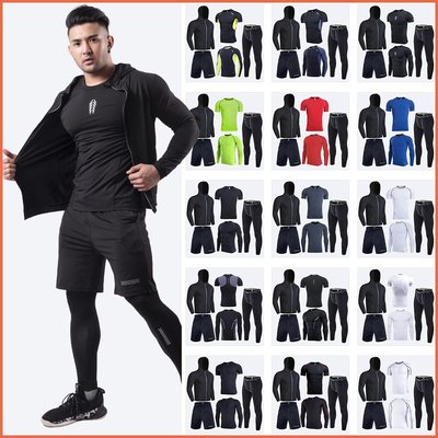跨境健身服男士高彈速干運動套裝戶外暴汗籃球訓練跑步套裝五件套