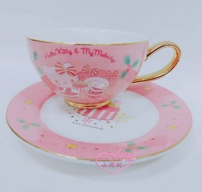 ♥小公主日本精品♥HelloKitty美樂蒂夢幻聖誕節金邊設計咖啡杯+盤咖啡杯盤組01104806