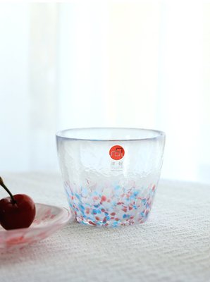 現貨熱銷-日本進口石塚津輕櫻花粉藍七彩色玻璃杯子茶水杯酒杯情侶對杯禮盒