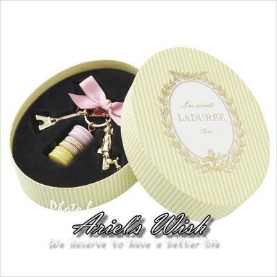 Ariel's Wish-日本東京LADUREE-條文橢圓鵝黃色粉緞帶蝴蝶結立體馬卡龍巴黎鐵塔女孩鑰匙圈-現貨*1在台