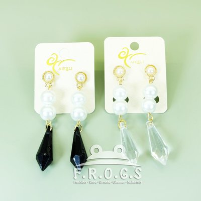 F.R.O.G.S A010209日韓進口簡約大方雙珍珠垂墜晶體造型耳環耳針耳釘耳扣耳勾耳掛(現貨)