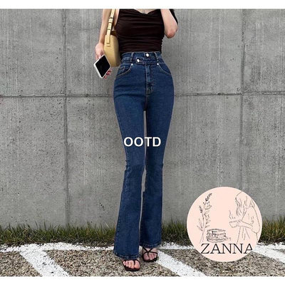《Zanna》2001(ks)韓版 高腰不對稱牛仔彈力喇叭褲‼️ 喇叭褲 彈性 女裝 牛仔褲-OOTD