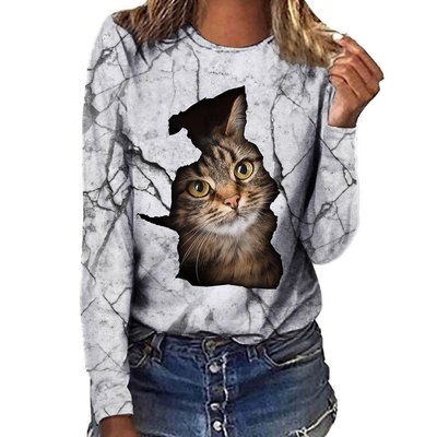 裂紋貓咪 數碼3D印花長袖T恤女士 時尚 圓領大碼上衣女 大碼 XYXP37637超夯 正品 活動