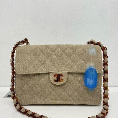 Chanel vintage jumbo亞麻布面玳瑁鍊CF 30貝嫂包鏈條包。稀有款，久久才見到一顆，成色很好。有標