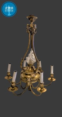 【波賽頓-歐洲古董拍賣】歐洲/西洋古董 法國古董 帝國風格 大型青銅鎏金火焰吊燈/燭台 7燈 E14 (總高度：75公分；直徑：55公分)(年份：約1890年)