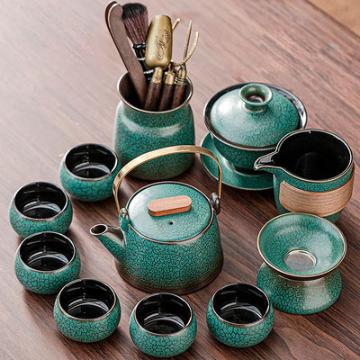 高檔功夫茶具套裝家用辦公簡約陶瓷蓋碗泡茶壺茶杯整套茶道茶盤