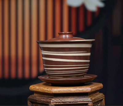 【二手】高端蓋碗建水紫陶蓋碗 唯美藝術絞泥蓋碗  大容量三 陶瓷 柴燒 茶具【留香居】-612