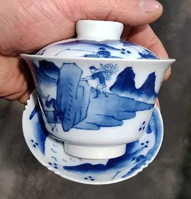 清代若深珍藏底款青花山水紋陶瓷蓋碗茶杯
