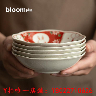 餐盤同合日本進口美濃燒赤繪櫻花兔子餐盤五件套日式家用陶瓷盤子套裝餐具