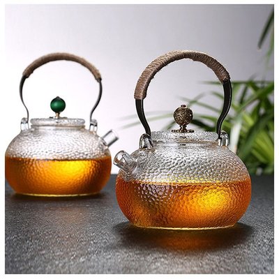 銅把提梁泡茶壺 錘紋玻璃花茶壺 家用高硼硅玻璃泡茶器燒水壺(null)