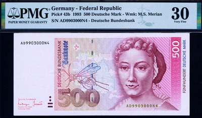 銀幣德國 1993年版 500馬克 (植物和生物學家 梅里安) PMG 30