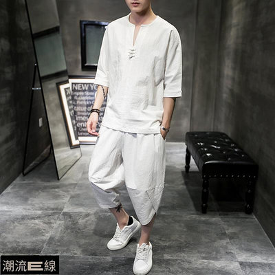 中國風棉麻套裝男夏季兩件套韓版潮流亞麻七分袖T恤帥氣衣服一套-潮流e線