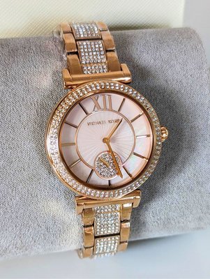 MICHAEL KORS Abbey 粉色珍珠貝母錶盤 獨立晶鑽小秒盤 玫瑰金色不鏽鋼錶帶 石英 女士手錶 MK4617
