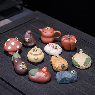 廠家批發 宜興紫砂創意茶寵 噴水青蛙南瓜蓮子彩色石 壺 茶具擺件