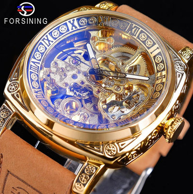 現貨男士手錶腕錶Forsining鏤空藍光玻璃機械手錶男防水自動皮帶腕錶高檔外貿新品