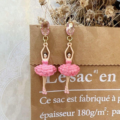 小Z代購#法國Les Nereides櫻花粉色羽毛芭蕾舞女孩 鑲鉆寶石 耳環耳釘耳夾