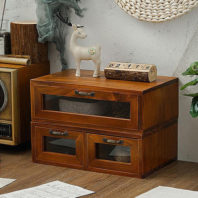 單層木製收納盒 玻璃抽屜式梳妝台木盒 復古桌面電腦顯示器增高架（滿599元免運）