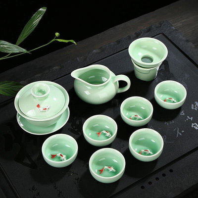 青瓷功夫蓋碗茶壺鯉魚茶杯簡約泡茶中式茶海茶洗手工茶具套裝直銷