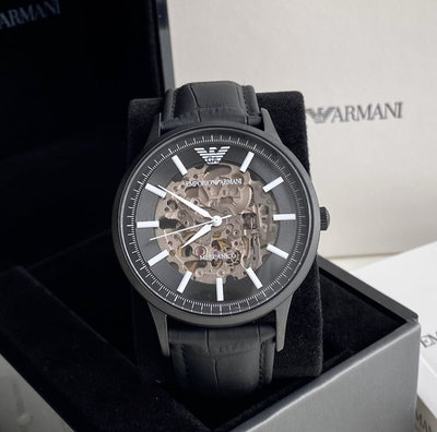 EMPORIO ARMANI 鏤空錶盤 黑色皮革錶帶 男士 自動機械錶 AR60042