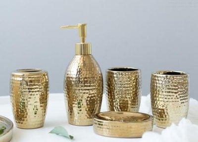4581A 歐式陶瓷金色錘面衛浴組 溯口杯牙刷架皂盒五件組衛浴用品套裝簡約時尚衛浴配件組新婚禮物