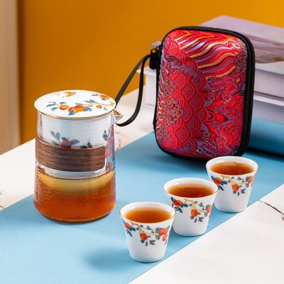 茶具户外露营便携式陶瓷旅行茶具套装快客杯柿事如意商务伴手礼品