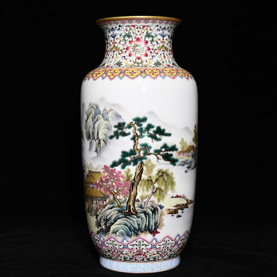 古董瓷器 乾隆粉彩山水閣樓紋燈籠瓶，高36cm直徑18cm，編號36-23409