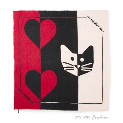 正品現貨-Karl Lagerfeld Paris 莫代爾絲綢材質愛心貓咪方型印花絲巾、圍巾