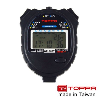【TOPPA】台灣製多功能防潑水運動電子碼表 1/100秒跑錶 10組記憶 WR-102T