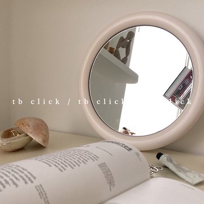 熱賣  click奶油色ins風壁掛圓鏡子韓國博主同款化妝鏡實木框墻面裝飾