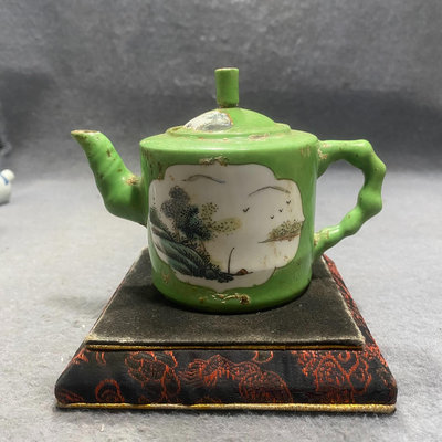 民國時期綠釉開窗粉彩山水茶壺 古玩古董瓷器收藏擺件物件