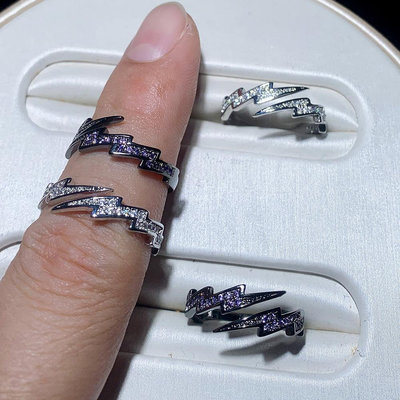 歐美新款流行銀色槍黑閃電戒指鑲嵌鋯石簡單設計開口戒圈飾品現貨