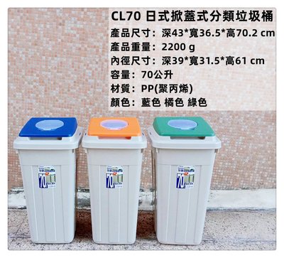 =海神坊=台灣製 KEYWAY CL70 日式分類垃圾桶 方形紙林 掀蓋式資源回收桶 附蓋 70L 2入1150免運