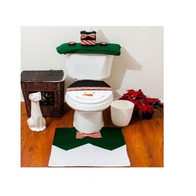 【NF280】聖誕綠色蝴蝶結雪人馬桶套 聖誕綠色蝴蝶結雪人馬桶套地墊水箱蓋紙巾套 聖誕馬桶套 耶誕馬桶套