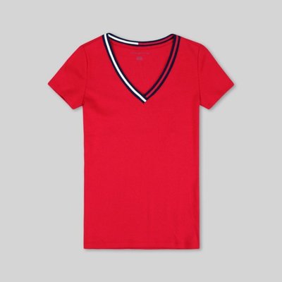 【TOMMY HILFIGER】【TOMMY】女款短袖T恤V領紅白藍領紅 F11170621-01