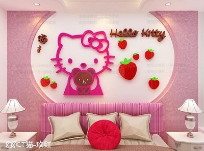 KITTY貓亞克力墻貼兒童房卡通裝飾3d立體墻貼畫溫馨臥室床頭墻壁貼紙