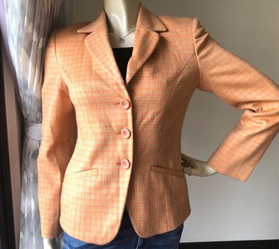sisley 粉橘色格紋70%羊毛西裝式外套大衣~AJ衣飾hg