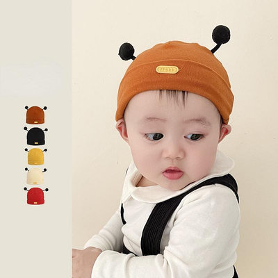韓國秋冬新款嬰兒帽子薄款保暖棉質胎帽寶寶可愛觸角毛球套頭帽