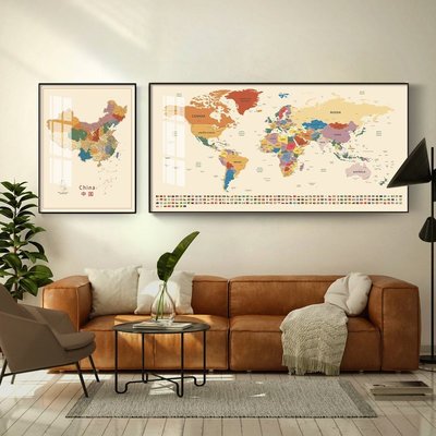 歐式掛畫世界地圖掛畫客廳裝飾畫辦公室會議室書房沙發~特價家用雜貨