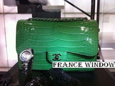 法國櫥窗 Chanel 香奈兒 翡翠綠鱷魚皮jumbo size 銀扣Classic