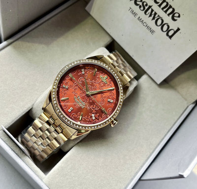 VIVIENNE WESTWOOD Wallace 水鑽圈 橘紅色錶盤 金色不鏽鋼錶帶 石英 女士手錶 VV208RDGD