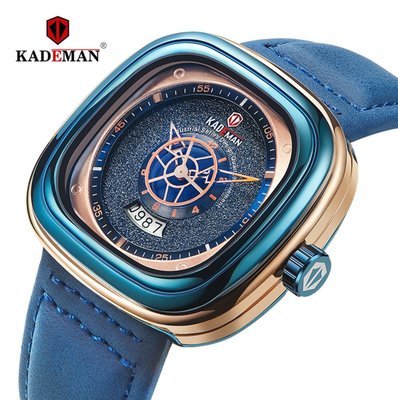 【潮裡潮氣】KADEMAN卡德蔓獨特方形錶盤日曆防水皮帶石英手錶男士表9030