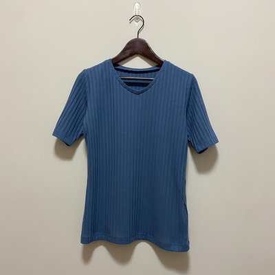 現貨💐日本帶回 藍色V領 羅紋短袖上衣 T恤 二手