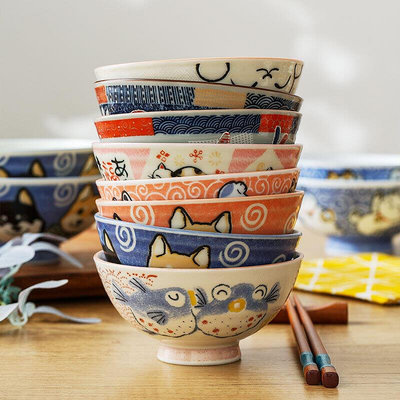 日本卡通陶瓷小碗大碗中碗可愛招財貓日式兔子鯛魚河豚餐具碗