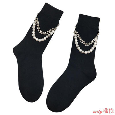 爆款襪子 設計感 搭配小皮鞋襪子秋冬純棉中筒襪潮酷ins珍珠鏈條高筒jk黑色半筒襪