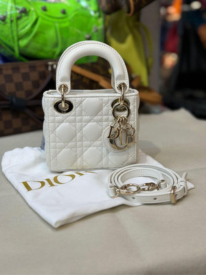 《當肯二手名品》DIOR 限量 白色 手提包 側背包 黛妃包  micro lady Dior ㊣